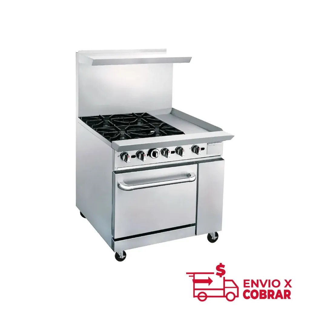 DCR36-4QH | ESTUFA COMERCIAL A GAS DE 4 QUEMADORES, PLANCHA Y HORNO CON RESPALDO