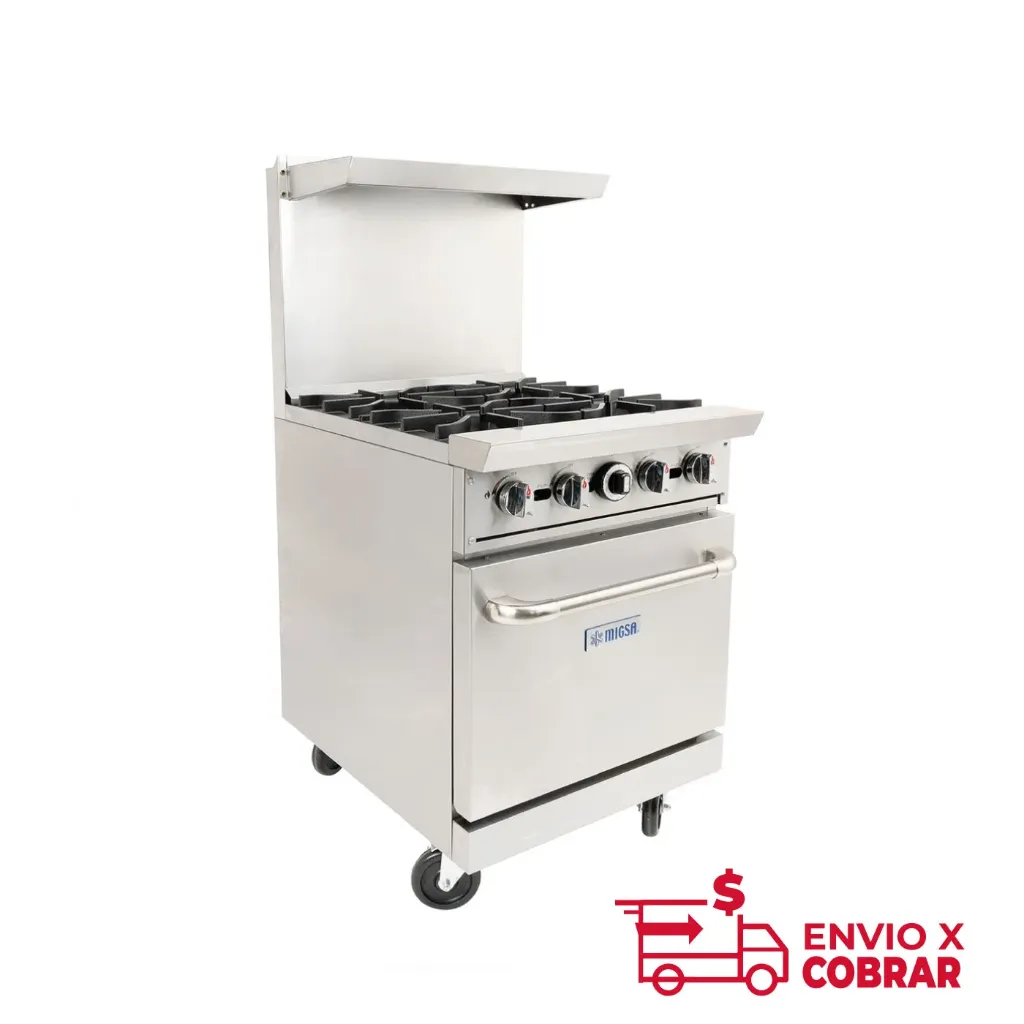 DCR24-4Q | ESTUFA COMERCIAL A GAS DE 4 QUEMADORES Y HORNO CON RESPALDO
